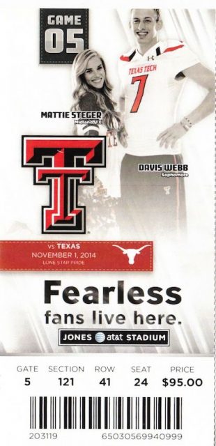 2014 NCAAF Texas Tech ticket stub vs Texas 3