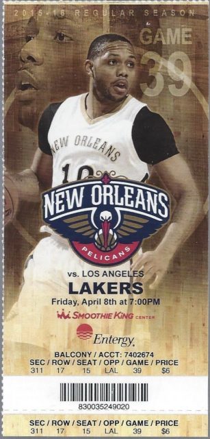 2016 New Orleans Pelicans ticket stub vs Lakers 6