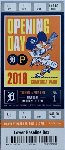 2018 Pirates Opening Day ticket stub vs Tigers 9