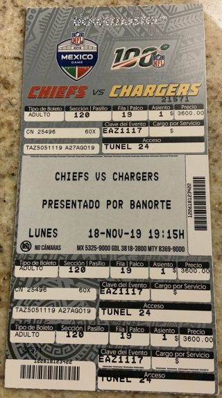 2019 Kansas City Chiefs vs San Diego Chargers Unused Mexico City Estadio Azteca Ticket Stub 7.50