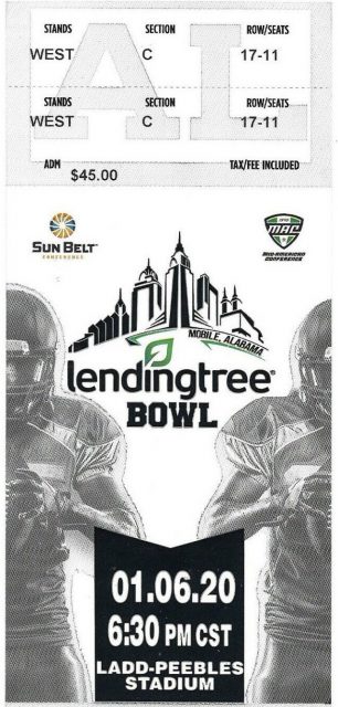 2020 Lendingtree Bowl ticket stub LA Lafayette vs Miami Ohio 20.50