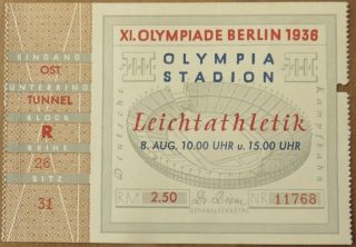 1936 Berlin Germany Olympic Ticket Jesse Owens 70