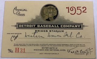 1952 Detroit Tigers Annual Pass Briggs Stadium 80