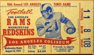 1954 LA Times Annual Charity Game Ticket stub Rams Redskins 21