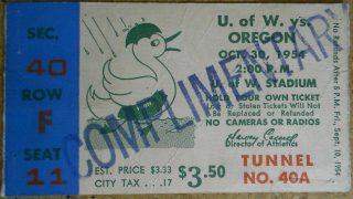 1954 NCAAF Washington Huskies ticket stub vs Oregon 10