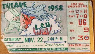 1958 NCAAF Tulane Green Wave ticket stub vs LSU 69