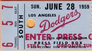 1959 Los Angeles Dodgers ticket stub vs Pirates 22.50