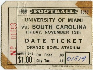 1959 NCAAF Miami Hurricanes Ticket Stub vs South Carolina 6