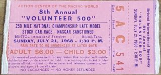 1968 8th Annual Volunteer 500 Ticket Stub 3