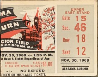 1968 NCAAF Alabama vs Auburn Ticket Stub 40
