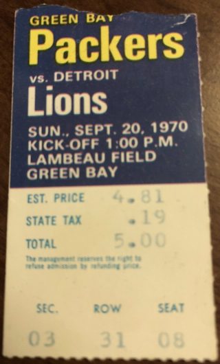 1970 Green Bay Packers ticket stub vs Detroit 10
