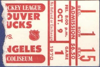 1970 Vancouver Canucks ticket stub vs Kings 67