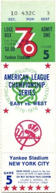 1976 ALCS Game 5 ticket stub Yankees vs Royals 12.50