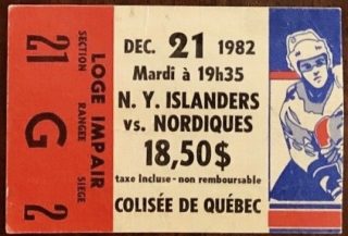 1982 Quebec Nordiques ticket stub vs Islanders