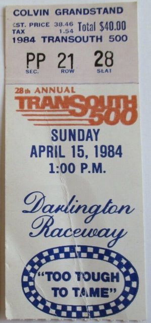 1984 Transouth 500 ticket stub Darlington 23