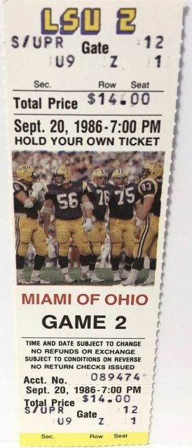 1986 NCAAF LSU Tigers unused ticket vs Miami Ohio 8