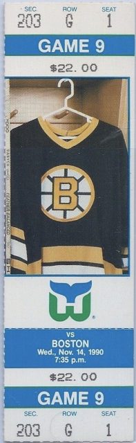 1990 Hartford Whalers unused ticket vs Bruins 10