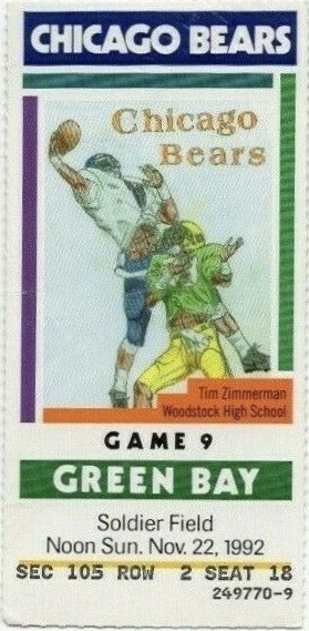 1992 Green Bay Packers Ticket Stub vs Bears 10