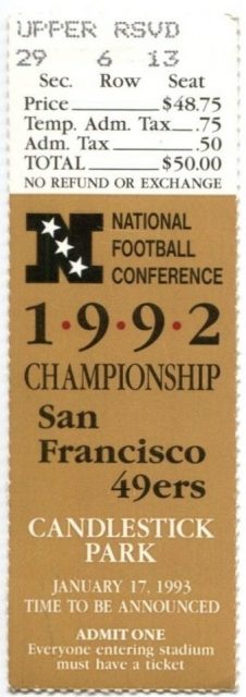 1992 NFC Championship Game ticket stub 49ers Cowboys 50