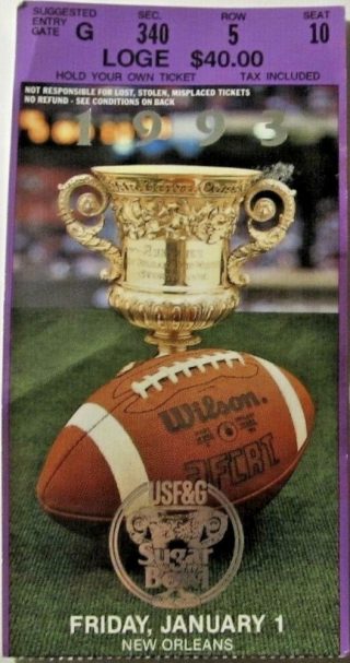 1993 Sugar Bowl ticket stub Alabama vs Miami 40