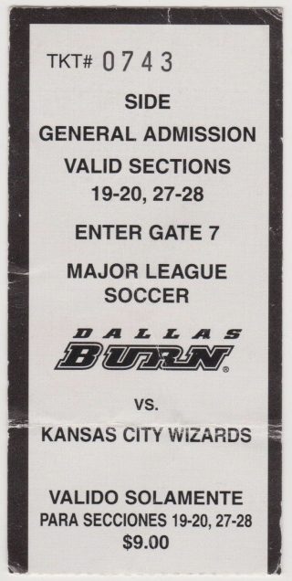 1999 MLS Dallas Burn ticket stub KC Wizards 1.20