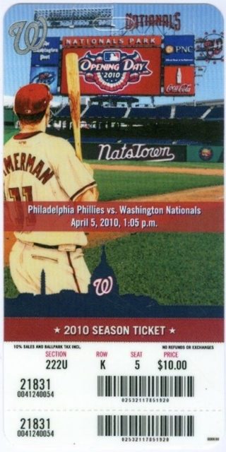 2010 Washington Nationals ticket vs Phillies 8.50