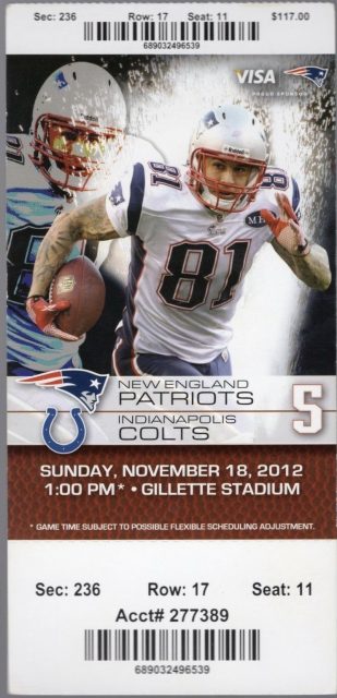 2012 New England Patriots unused ticket vs Colts Brady 3 TDs Gronk 2 TDs 15