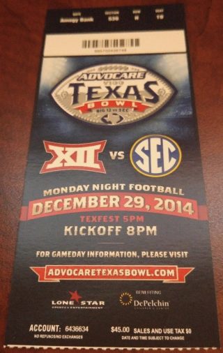 2014 Texas Bowl Ticket Stub Texas vs Arkansas 2