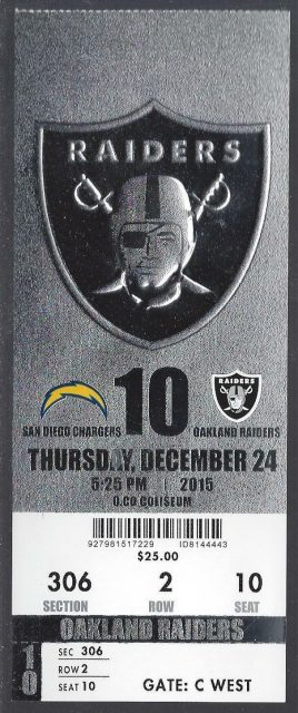 2015 Oakland Raiders ticket vs San Diego Chargers 3.50