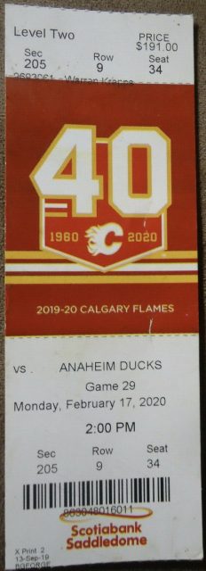 2020 Calgary Flames ticket stub vs Ducks 4.14