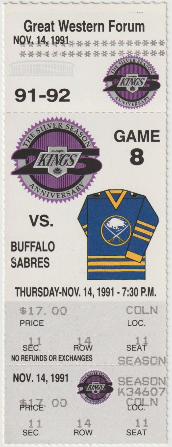 1991 Kings full ticket vs Sabres Nov 14 Robitaille Andreychuk