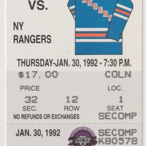 1992 Kings unused ticket vs Rangers Jan 30 Mike Gartner 2 G