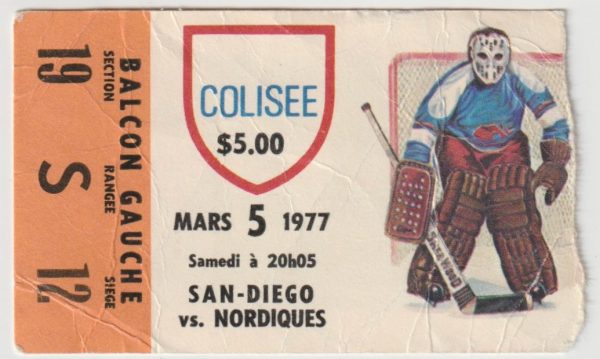 1977 WHA Quebec Nordiques ticket stub vs San Diego Mariners Mar 5