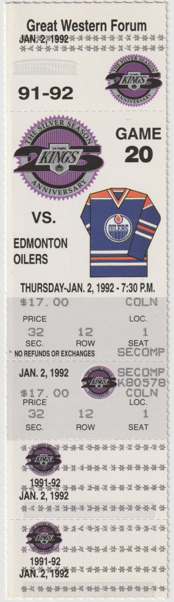 1992 Kings unused ticket vs Oilers Jan 2 Luc Robitaille