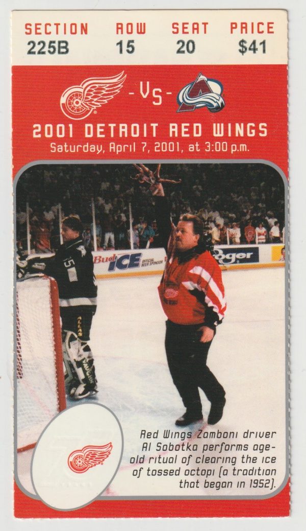 2001 Red Wings ticket stub vs Avalanche Apr 7 Joe Sakic 2 Goals