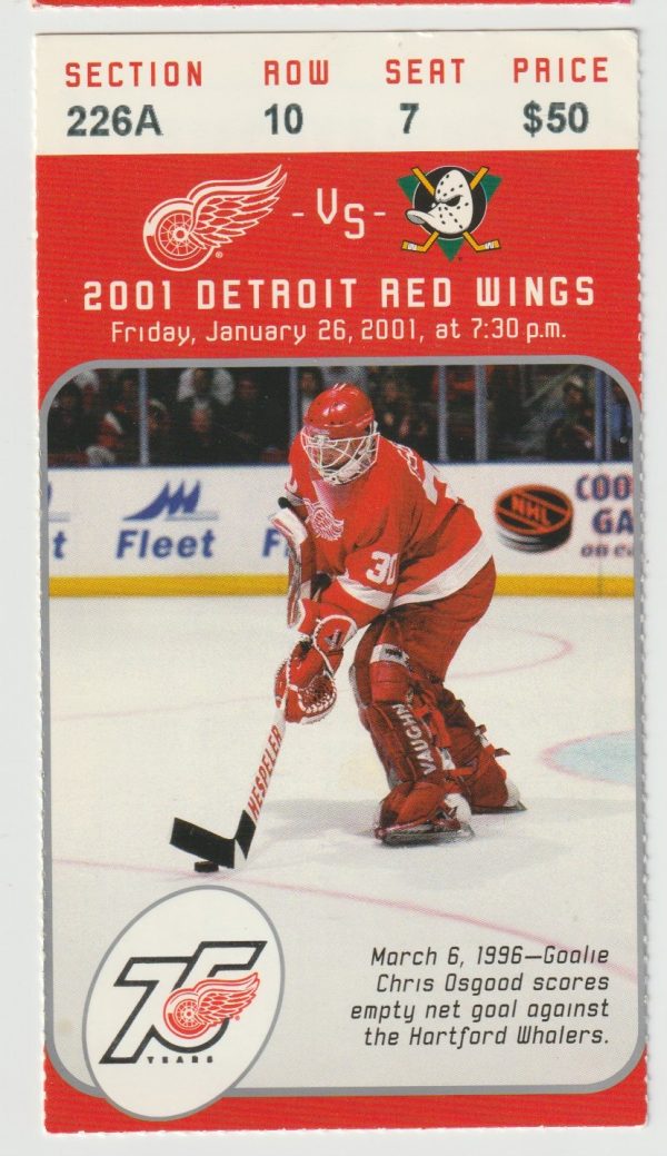 2001 Red Wings ticket stub vs Ducks Jan 26 Steve Yzerman