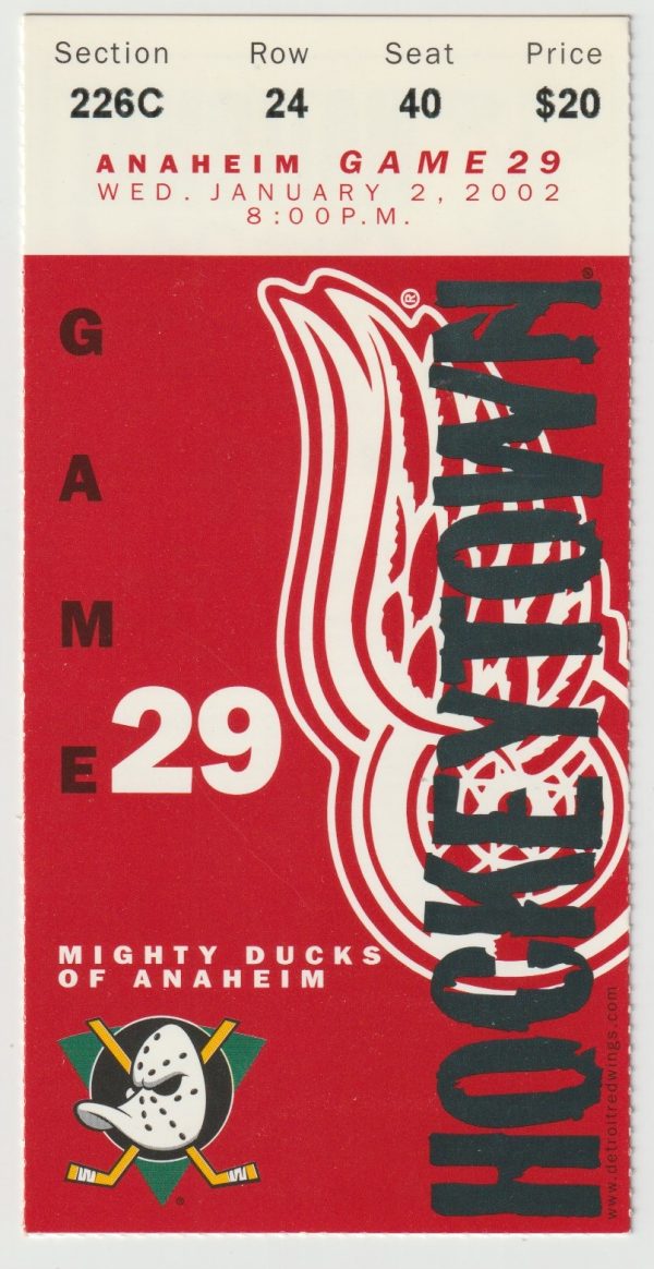 2002 Red Wings ticket stub vs Ducks Jan 2 Luc Robitaille 1