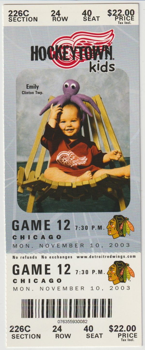 2003 Red Wings Full Ticket vs Blackhawks Nov 10 Dominik Hasek Shutout