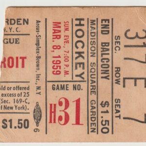 1959 Rangers Ticket Stub vs Red Wings Mar 8 Andy Hebenton Hat Trick