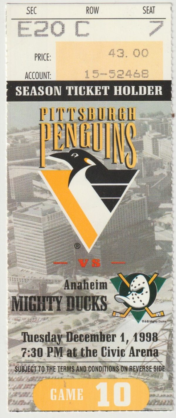 1998 Penguins Ticket Stub vs Ducks Dec 1 Jaromir Jágr 2 Goals