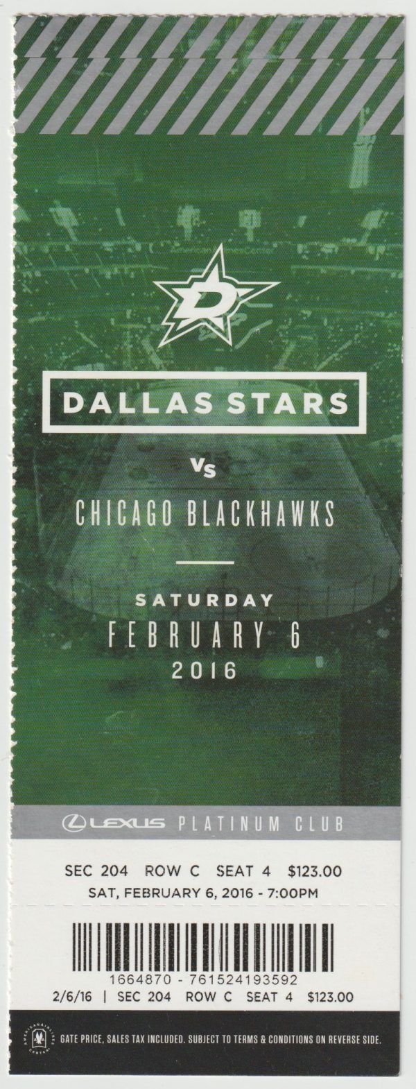 2016 Dallas Stars Ticket vs Blackhawks Feb 6 Marian Hossa