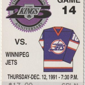 1991 Kings Full Ticket vs Jets Dec 12 Gretzky PBC