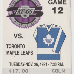 1991 Kings Full Ticket vs Maple Leafs Nov 26 Gretzky PBC