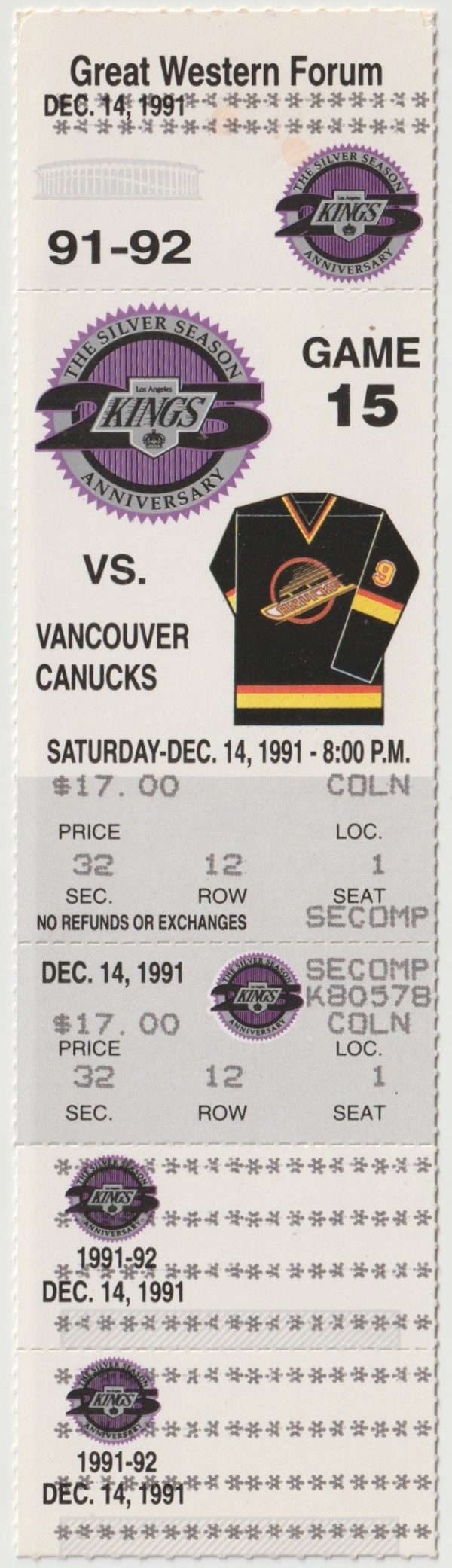 1991 Los Angeles Kings Full Ticket vs Canucks Dec 14 Gretzky G