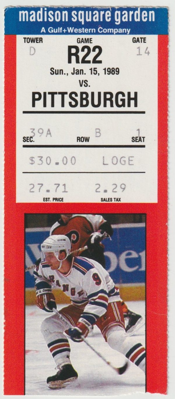 1989 Rangers Ticket Stub Penguins Jan 15 Mario Lemieux 2 G PBC