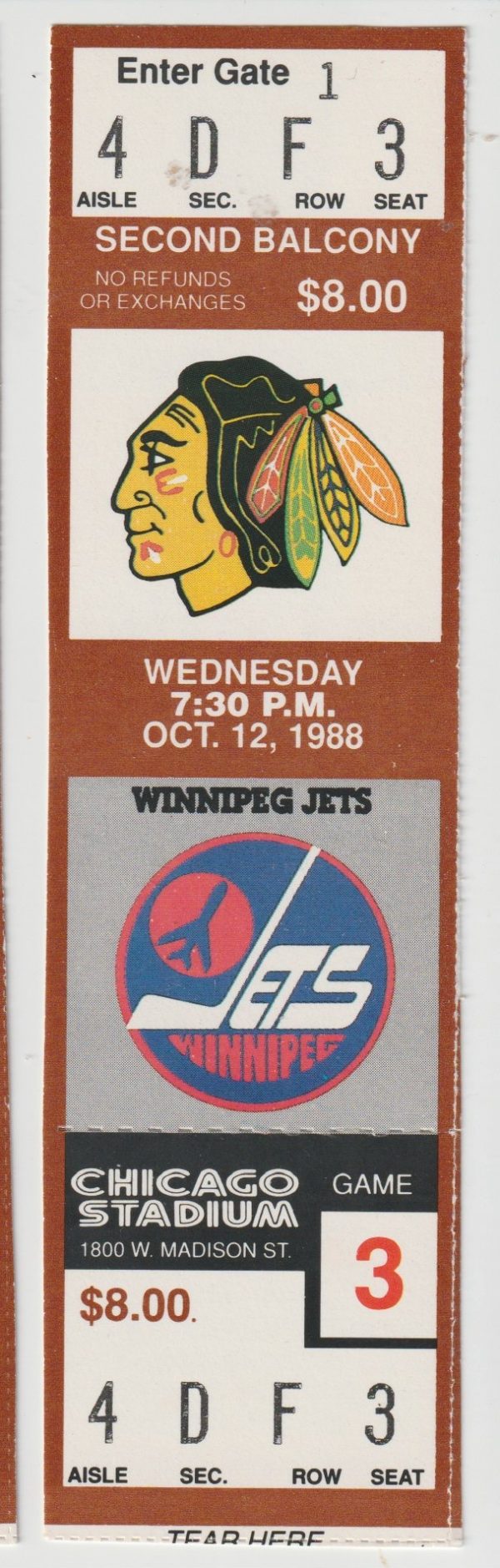1988 Blackhawks Full Ticket vs Jets Oct 12 Dale Hawerchuk