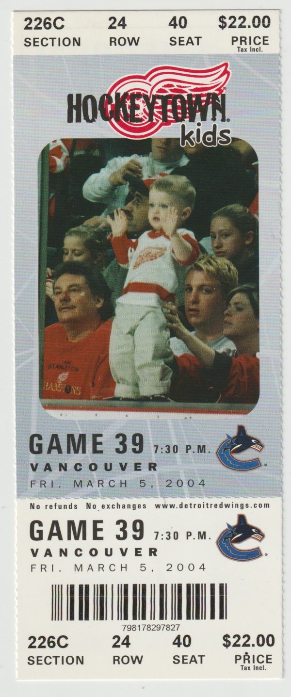 2004 Red Wings Full Ticket vs Canucks Mar 5 Brett Hull
