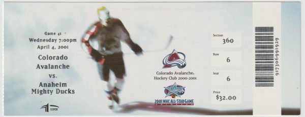 2001 Avalanche Full Ticket vs Ducks Apr 4 Joe Sakic 50th Goal Season