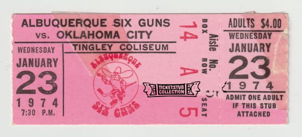 1974 Albuquerque Six Guns ticket stub vs OKC Jan 23