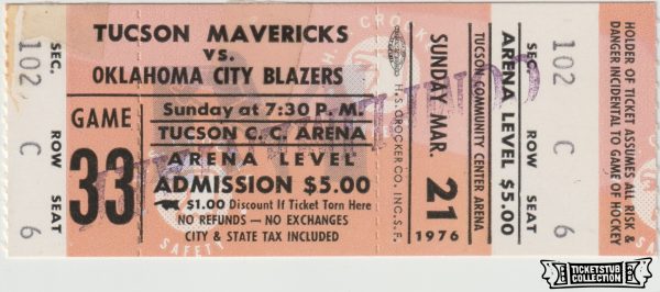 1976 CHL Tucson Mavericks ticket stub vs OKC Blazers Mar 21